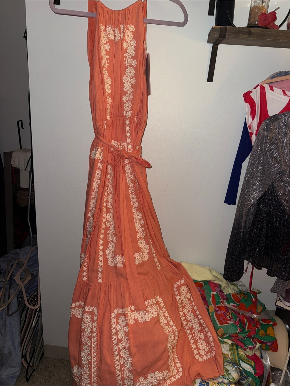 Calling June Embroidered Orange Maxi Dress with Tie Waist